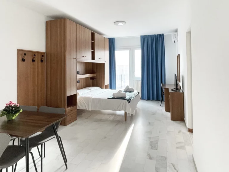 Appartamento composto da una ampia camera con letto matrimoniale, scrivania e bagno privato. Soggiorno con cucina completamente attrezzata e tavolo da pranzo, un divano letto e un ulteriore bagno.